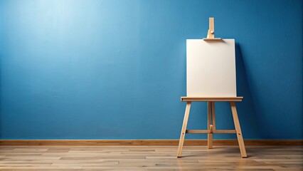 Wooden easel with blank canvas against a blue wall, art, painting, creativity, inspiration, artist, studio, interior