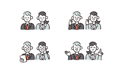 スーツの男女2人　手描きイラストセット