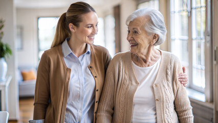 Portrait of happy senior woman with her caregiver in nursing home