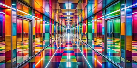 Vibrant and colorful corridor with geometric shapes and mirrored walls , Colorful
