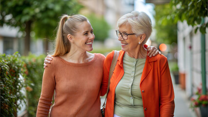 Mother and daughter walking in the city together. They are talking and smiling.