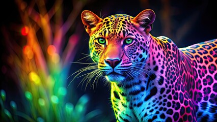 Vibrant neon colored leopard standing out in the wild, neon, colored, leopard, vibrant, animal, wildlife, jungle