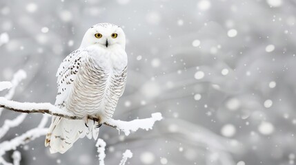 Snow-covered owl perched on a branch, demonstrating its winter survival and hunting techniques, blending into the frosty environment