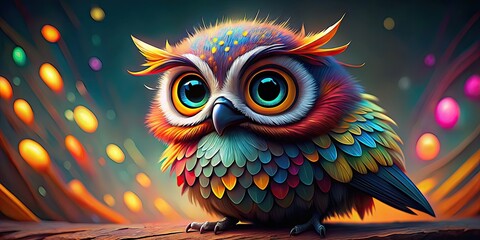 Naklejka premium Whimsical bird with oversized eyes and vibrant feathers, whimsy, bird, oversized eyes, vibrant feathers, colorful, exotic
