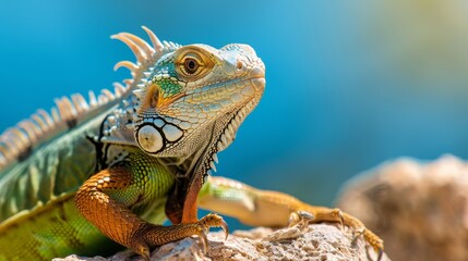 Fototapeta premium Reptile basking in the sun, exhibiting natural behaviors and survival instincts, detailed close-up of its skin and environment
