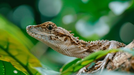 Reptile camouflaging in a tropical forest terrain, intricate patterns and scales, highlighting adaptability and survival traits in its natural habitat