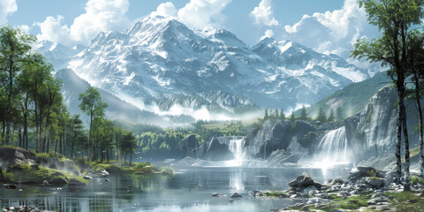 Naklejka premium 緑の山の端の水彩