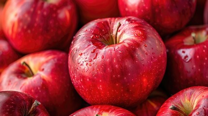 A collection of fresh red apples, with a focus on their bright color and juicy appeal, perfect for a food background.