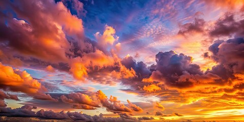 Obraz premium Sunset sky with fluffy clouds in hues of orange, pink, and purple , sunset, sky, clouds, evening, vibrant, colors, nature