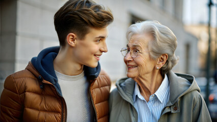 family, generation, people and lifestyle concept - happy senior woman with teenage grandson in city