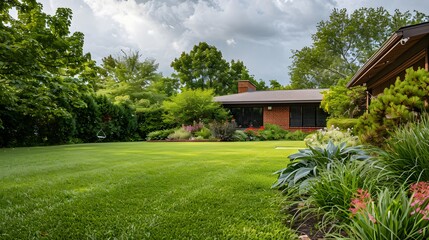 Grassy lawn with lush plants growing in backyard of modern brick house against cloudy sky in daytime. 