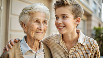 Portrait of smiling senior woman and her granddaughter looking at camera outdoors