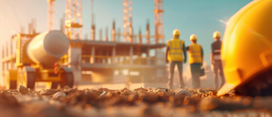 Obraz premium Construction workers on a building site with heavy machinery and safety gear in the background under a clear sky.