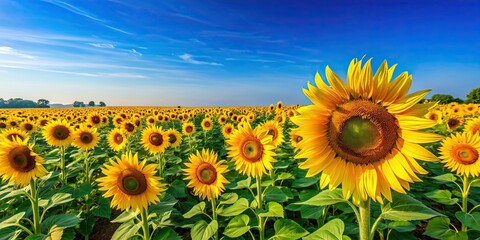 Obraz premium Vibrant sunflower field under a clear sky, sunflower, field, nature, vibrant, yellow, summer, sky, sunny, agriculture, farm, rural