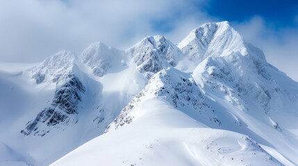 Naklejka premium Snowy mountain landscape, the peaks covered in frost and ice, the freezing chill of winter evident in the breathtaking scenery
