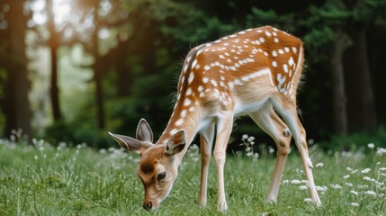 Temperate forest with deer grazing, illustrating how mammals adapt to mild seasonal temperatures, serene and natural environment