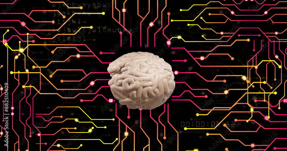Poster surrounded by colorful circuitry, brain representing artificial intelligence and technology