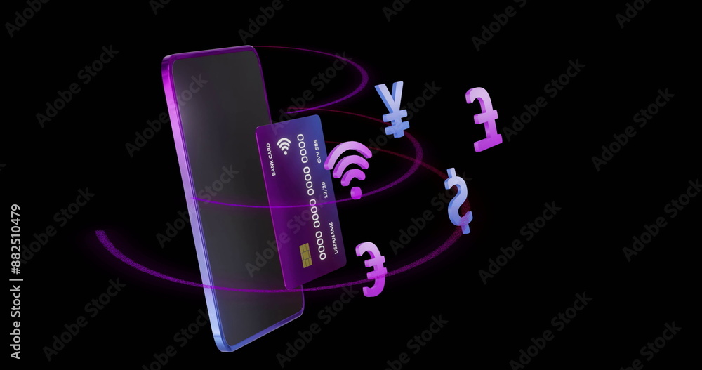 Poster contactless payment using smartphone and credit card with currency symbols floating