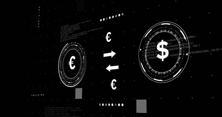 Fototapeta premium Digital currency exchange, euro and dollar symbols with arrows in black background