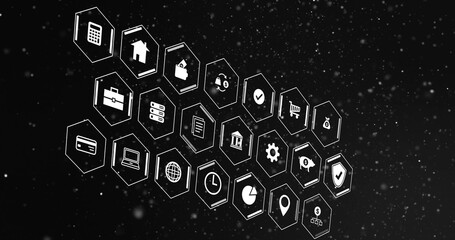 Digital finance icons on black background representing various financial concepts