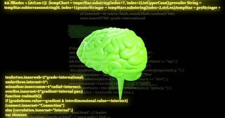 Artificial intelligence concept with green brain and programming code in background