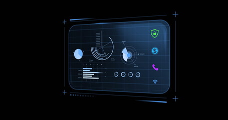Displaying financial data and security icons, digital dashboard on futuristic interface