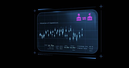 Displaying financial data, digital screen showing expenditure valuation and exchange rates