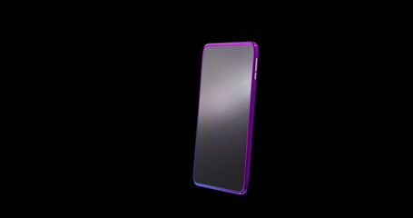 Floating smartphone with purple frame showcasing sleek design against black background