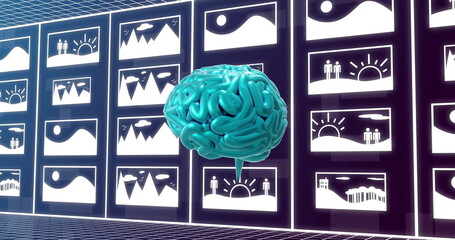 Artificial intelligence concept with digital brain analyzing image data on screens