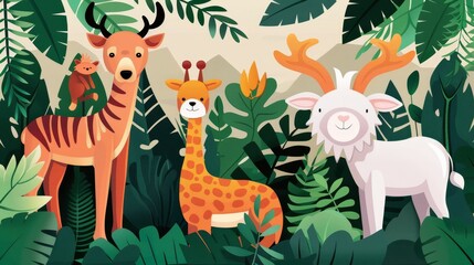 Naklejka premium Tropical rainforest scene with a diverse range of mammals, demonstrating how fauna thrives in warm, humid temperatures, vibrant and lush setting