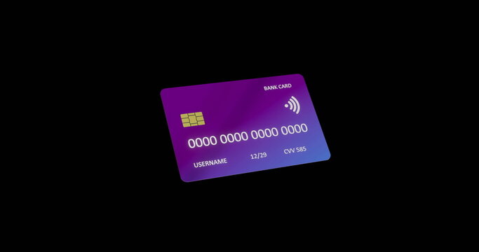 Contactless bank card with chip and numbers floating on black background