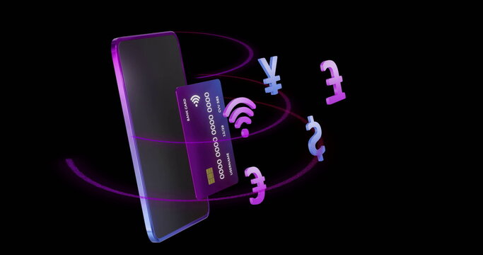 Contactless payment using smartphone and credit card with currency symbols floating