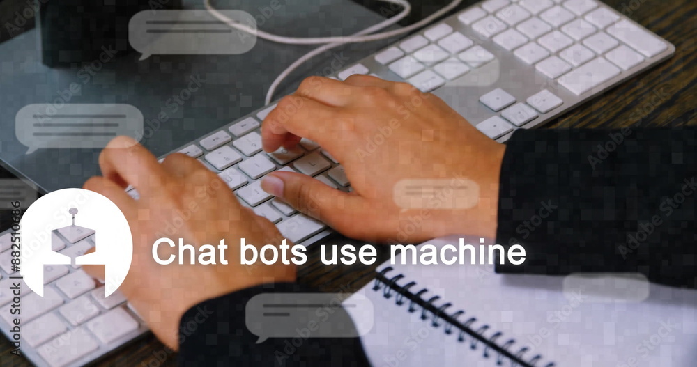 Poster typing on keyboard, person developing chatbot software with notebook on desk