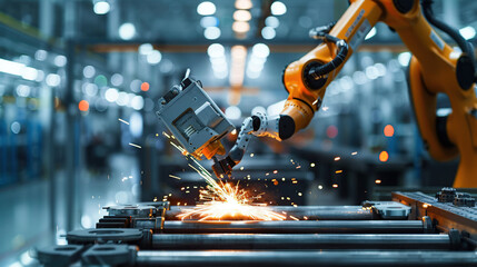 Fototapeta premium Industrial robots on the modern factory floor