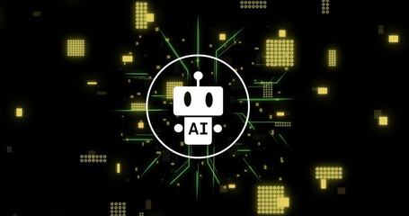 AI robot icon with digital data visualization, representing artificial intelligence technology