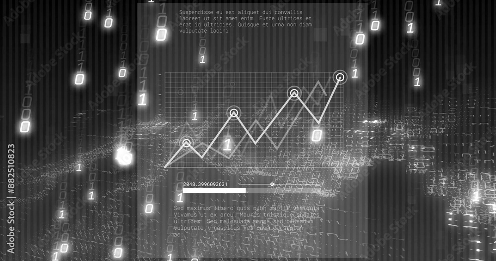 Poster analyzing digital financial data with binary code and graph, futuristic finance concept