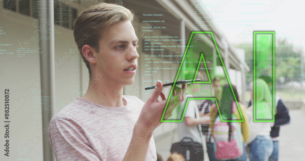 Aufkleber image of data processing and ai text over caucasian male student talking on smartphone