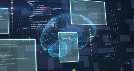 Image of data processing and digital screens over digital brain spinning