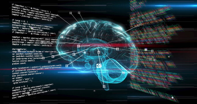 Image of spots over digital brain spinning and data processing - Powered by Adobe