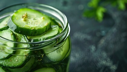 Freshly sliced cucumbers in a glass jar with dill, ready for pickling. A wholesome, healthy, homemade treat on a rustic dark background.