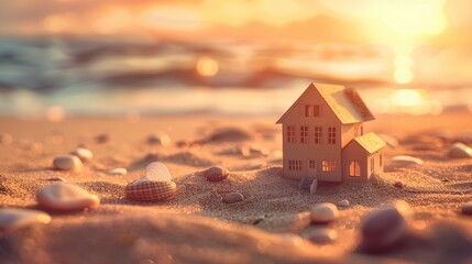 A miniature house placed on a sandy beach with a sunset backdrop. There is empty space to add content related to family lifestyle and the real estate industry