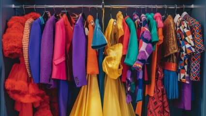 Fashion clothes on a clothing rack showcasing a colorful closet