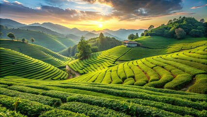 Tea plantation with sustainable agriculture practices in rolling hills, tea, plantation