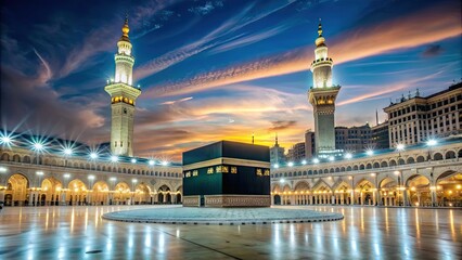 Kaaba glowing in the night with a clear sky , Islam, Mosque, Holy place, Religion, Night, Illuminated, Hajj © Sujid