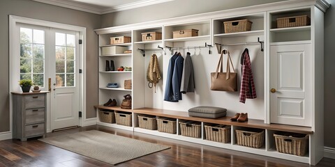 Sleek mudroom with organization essentials wall hooks, shoe racks, luxury storage baskets, mudroom