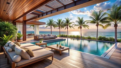 Fototapeta premium Luxurious beach lounge and outdoor pool with stunning interior design , vacation, relaxation, elegant, tropical