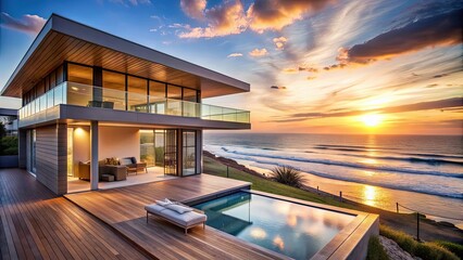 Obraz premium Sunset view of modern beach living with panoramic sea view , beach house, sunset, beachfront, coastal living