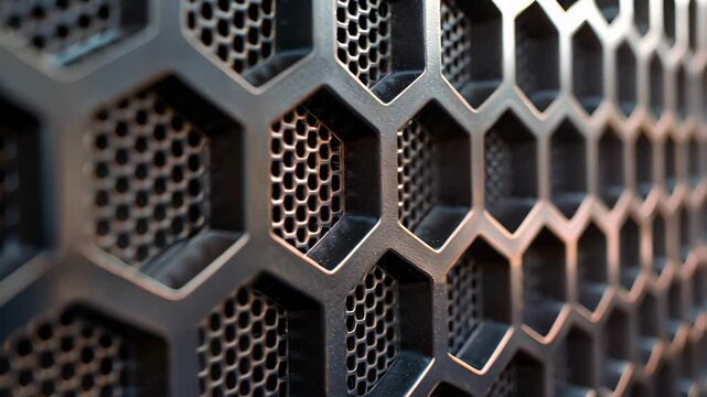 A closeup of a speaker grill reveals intricate patterns of geometric shapes adding a touch of style to the cars audio system.