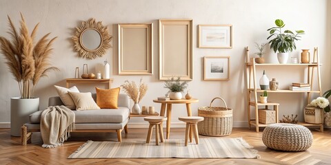 Mockup of a beige and pastel boho style living room interior with old frames