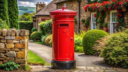 A red mailbox sits in front of a house with a stone wall